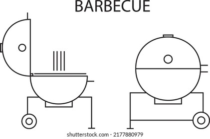 Drawings of open and closed round barbecues on a white background