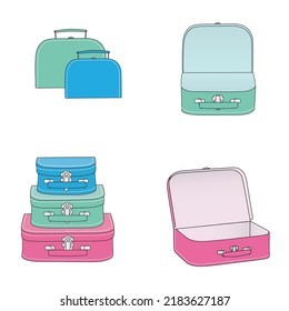 Drawings of paperboard suitcases. Set of 3. Different size and color. Open and closed.