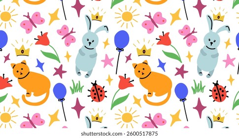 Сhildrens drawings pattern. Seamless background with cute doodles. Colored illustration hand-drawn cat, bunny, flower, sun, ladybug, butterfly, balloon. Children's print for paper and fabric.