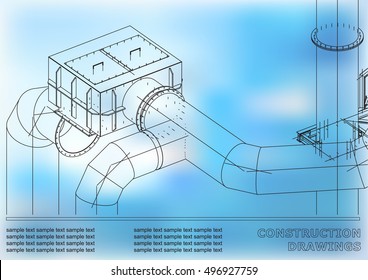 Drawings of Pipes. 3d blueprint of steel structures. Cover, blue background for your design
