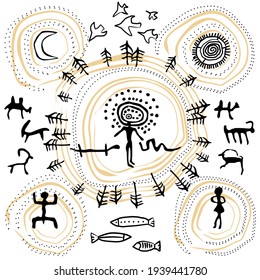 Drawings of primitive people. Archeological Rock painting.