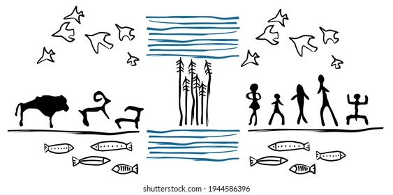 Drawings of primitive people. Archeology. Rock painting.	