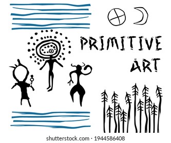 Drawings of primitive people. Archeology. Rock painting.	