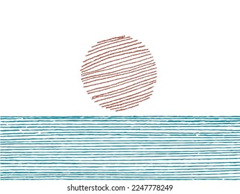 Drawings of the red sun and the blue sea made irregular strokes. Sunset. Minimalist and abstract illustration. vector on white background.