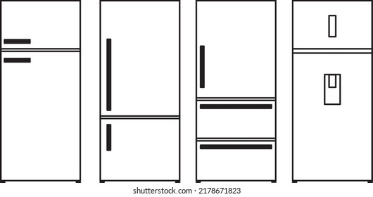 Drawings of refrigerators in black lines on a white background