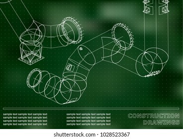 Drawings of steel structures. Pipes and pipe. 3d blueprint of steel structures. Cover, background for your design. Green background. Points