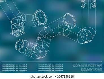 Drawings of steel structures. Pipes and pipe. 3d blueprint of steel structures. Cover, background for your design. Blue background