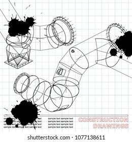 Drawings of steel structures. Pipes and pipe. 3d blueprint of steel structures. Background for your design. Draft. Black Ink. Blots