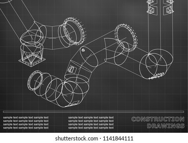 Drawings of steel structures. Pipes and pipe. 3d blueprint of steel structures. Cover, background for your design. Black background. Grid