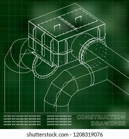 Drawings of steel structures. Pipes and pipe. 3d blueprint of steel structures. Green background. Grid