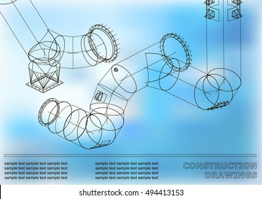 Drawings of steel structures. Pipes and pipe. 3d blueprint of steel structures. Cover, blue background for your design