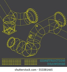 Drawings of steel structures. Pipes and pipe. 3d blueprint of steel structures. Background for your design. Gray
