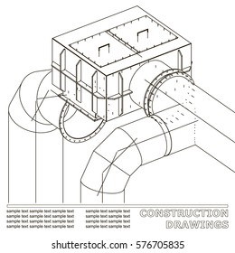 Drawings of steel structures. Pipes and pipe. 3d blueprint of steel structures. White