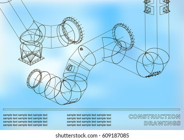Drawings of steel structures. Pipes and pipe. 3d blueprint of steel structures. Cover, background for your design. White and blue