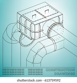 Drawings of steel structures. Pipes and pipe. 3d blueprint of steel structures. Light blue