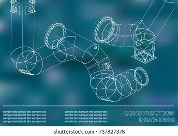 Drawings of steel structures. Pipes and pipe. 3d blueprint of structures. Cover, background for your design. Blue background. Points