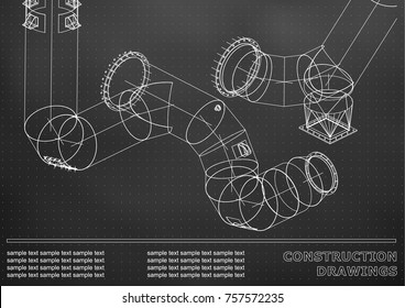Drawings of steel structures. Pipes and pipe. 3d blueprint of structures. Cover, background for your design. Black background. Points