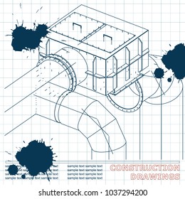 Drawings of structures. Pipes and pipe. 3d blueprint of steel structures. Draft. Ink. Blots