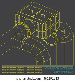 Drawings of structures. Pipes and pipe. 3d blueprint of steel structures. Gray