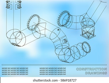 Drawings of structures. Pipes and pipe. 3d blueprint of steel structures. Cover, background for your design. White and blue