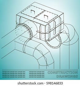 Drawings of structures. Pipes and pipe. 3d blueprint of steel structures. Light blue