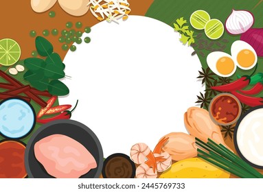 Drawings of Thai food and ingredients with text frames Illustrations and vectors