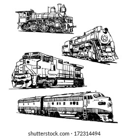 Drawings of trains on white background