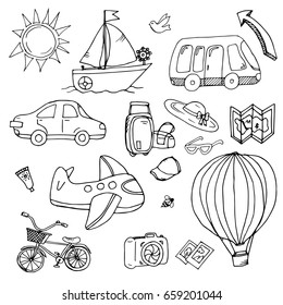 Drawings of transport and tourist trips, ship and car cap and hat, suitcase and bag, goggles and gull bird, sun and bicycle and camera and photographs, map and cream.