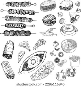 drawings of Turkish, Caucasian, Azerbaijani cuisine, street food, drawn in the style of art graphics.
Doner, Dovga, Lahmacun, Pide, Kebaplar, pizza, shaurma, ayran