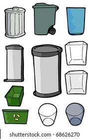 Drawings of various cans and bins used for trash, garbage and recycling purposes.