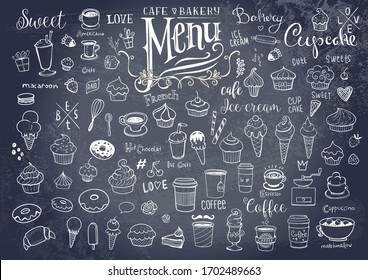 Drawings of various objects for cafes or bakery, inscriptions and symbols for menu creation