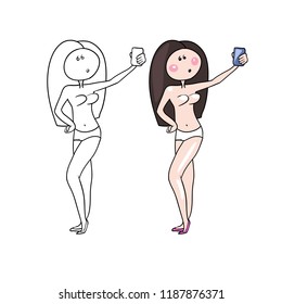 Drawings in vector, color and contour, image of modern girl, naked body