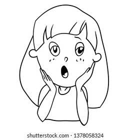 Drawings in vector, coloring book, cartoon character, girl with a surprised frightened face