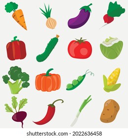 Drawings of vegetables, food icons, set of 16 pieces, vector collection.