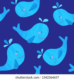 Drawings of whales for children. Vector animals drawn in kid's style. Seamless little whales pattern.