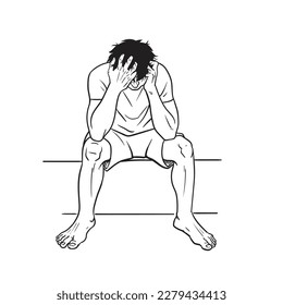 drawings of young men feeling sad, tired and worried about suffering from depression in mental health. problems, failures and concepts,vector illustrasion
