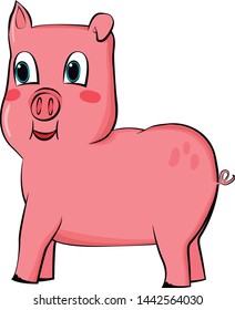 Drawing/vector of a cute pink pig with sweet eyes and happy smile.