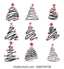 Drawn abstract 9 piece Christmas tree with decorations on a white background - Vector illustration