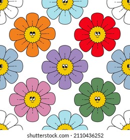 Drawn abstract funny cute characters comics faces flower, comic characters. Hand drawn vector illustration. Cartoon retro style. Flat design. Square seamless pattern. Backgrounds, wallpapers.