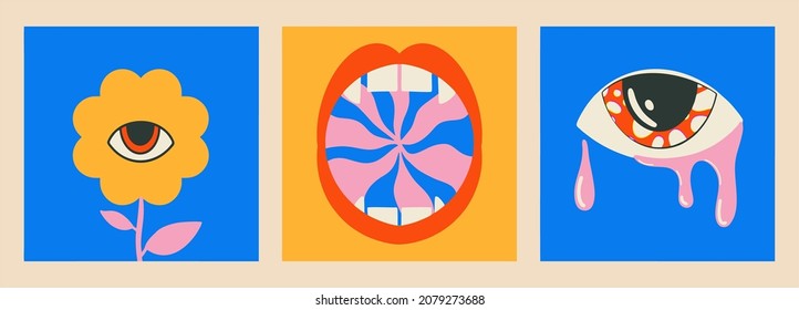 Drawn abstract shapes. Set of multicolored vector illustrations. Cartoon, psychedelic style. Flat design. All elements are isolated. Square posters, logo templates.