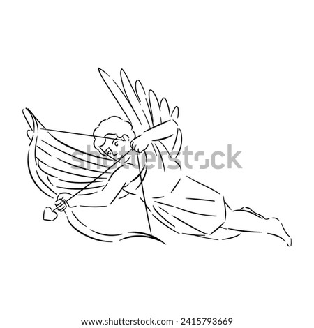 Drawn aiming Cupid with bow and arrow on white background