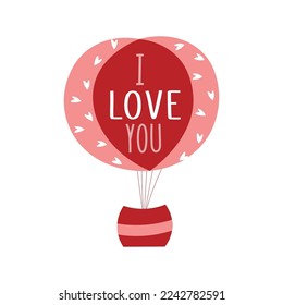 Drawn air balloon with text I LOVE YOU on white background. Vale