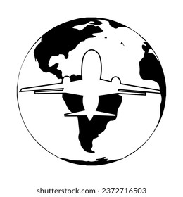 Drawn airplane and planet Earth on white background