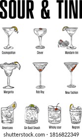 Drawn alcoholic cocktails for use in restaurant or cafe bar menu