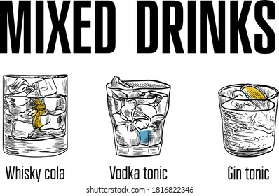 Drawn alcoholic delicious cocktails for use in bar charts for restaurants and bars