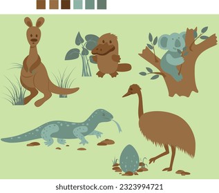 drawn animals of Australia, representatives of Australian fauna, kangaroo, platypus, monitor lizard, emu bird