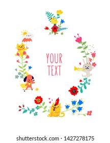 Drawn animals and floral elements. Vector. Animals play among flowers. Children's cartoon, doodle style. Illustration for kindergarten or club. Summer, spring and positive mood.