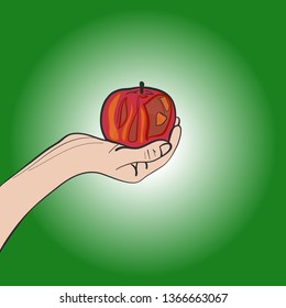 drawn apple with hand