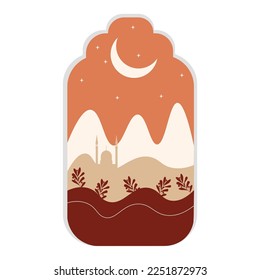 Drawn Arabian night with crescent and mosque