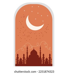 Drawn Arabian night with crescent, stars and mosque